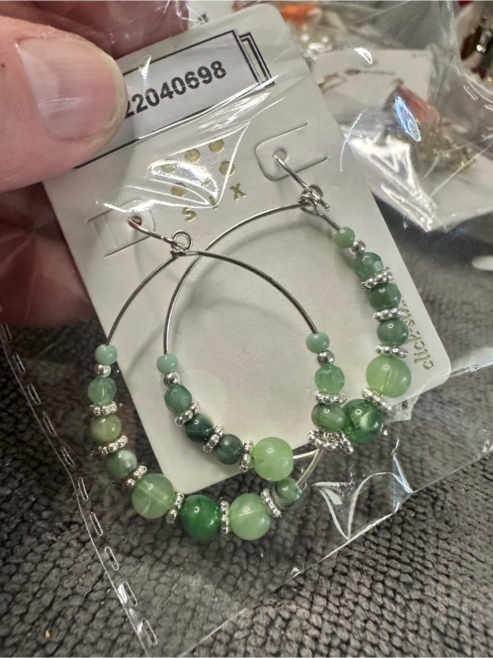 Source Unknown Green Beaded Hoop Earrings with Silver Accents